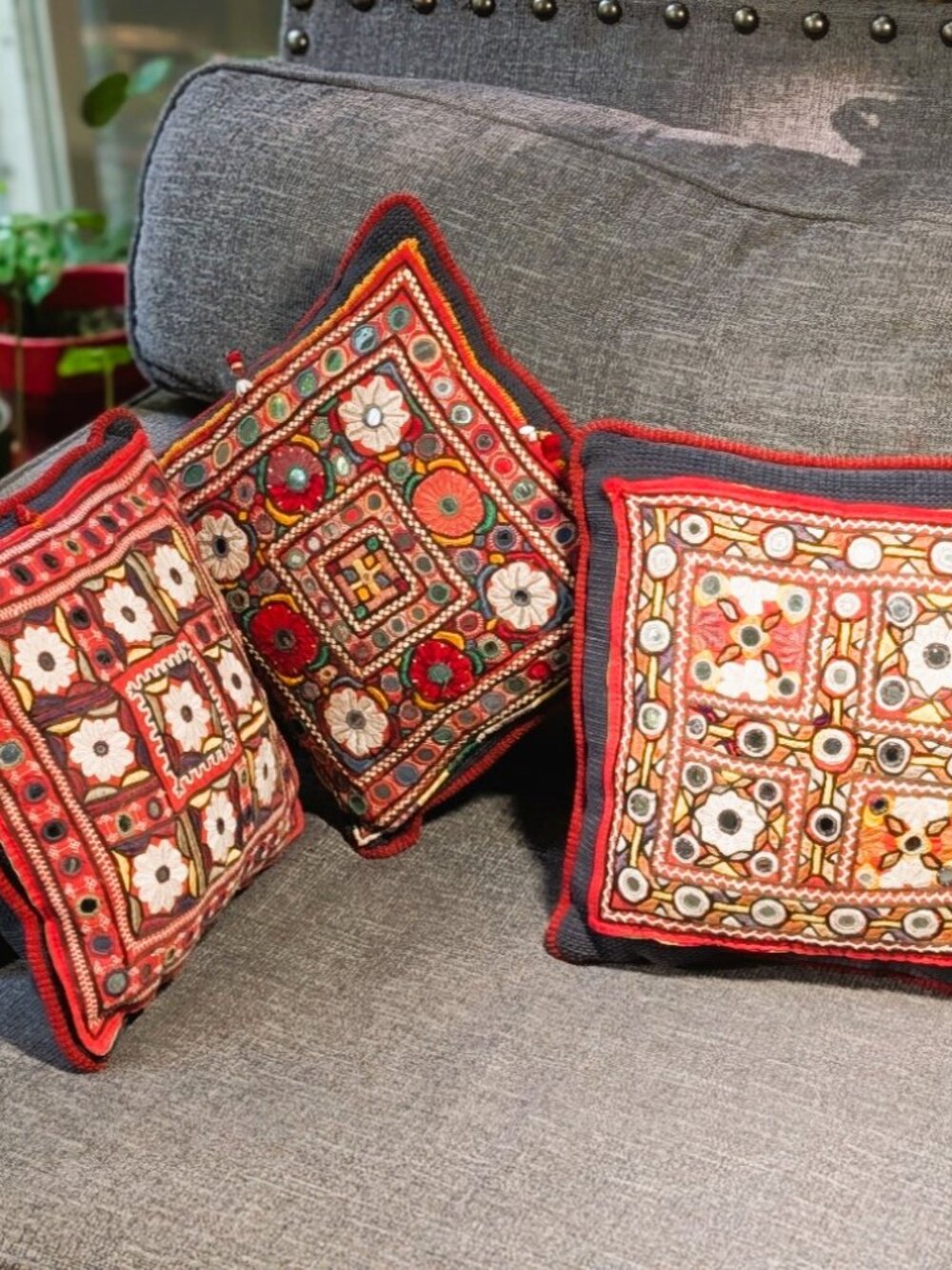 Throw Pillows (3) Traditional Indian Mirror-Work Hand-Embroidered Intricate